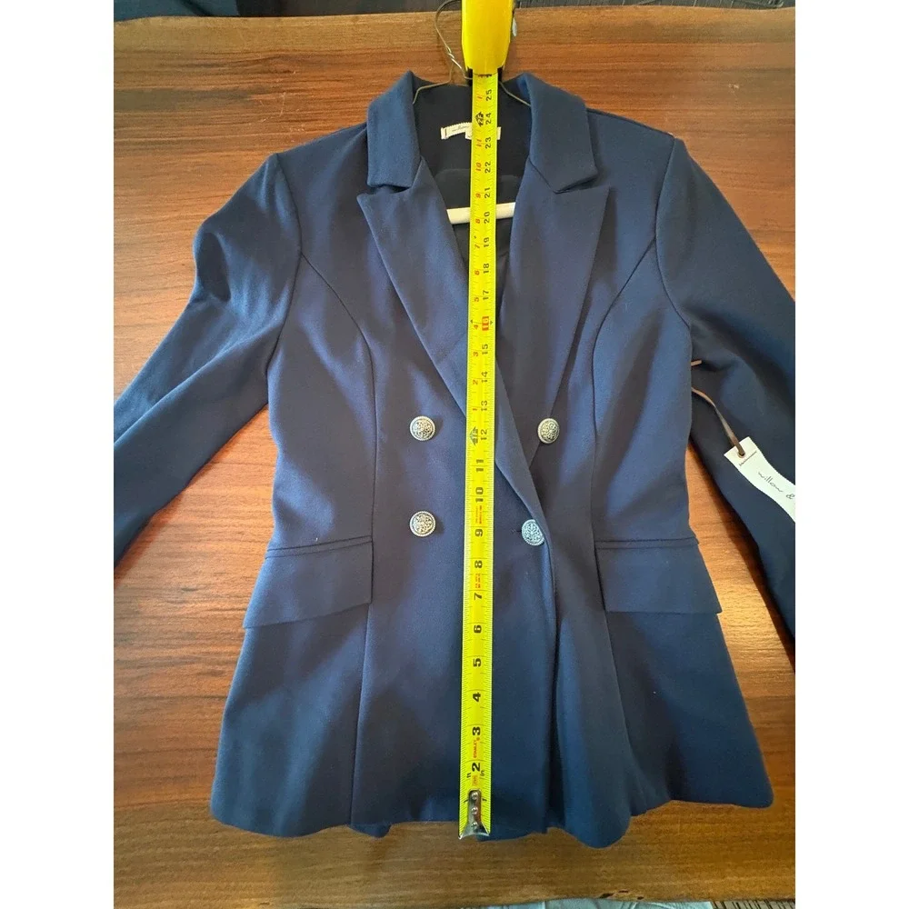 Willow & Clay Navy Blue Double Breasted Blazer Silver Crest Button Jacket XS NEW
